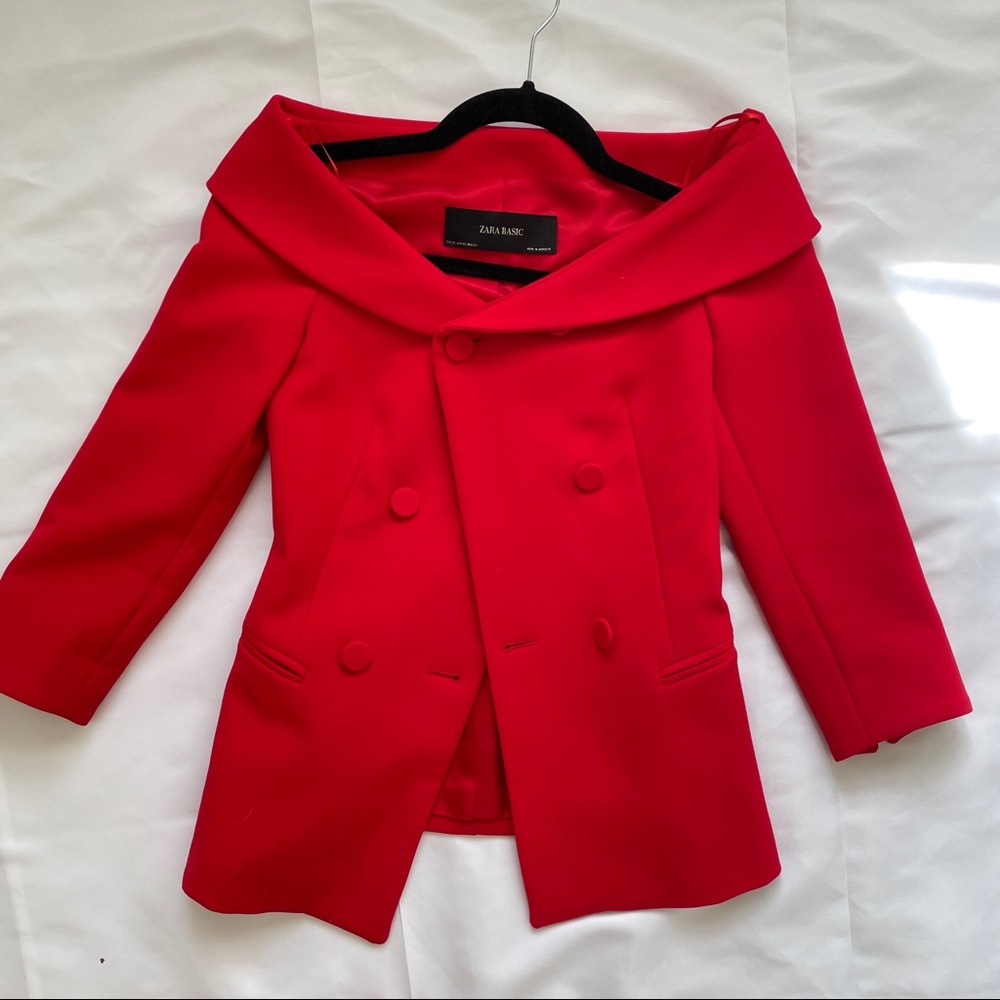ZARA Red Pea-Coat Off-Shoulder Blazer Coat